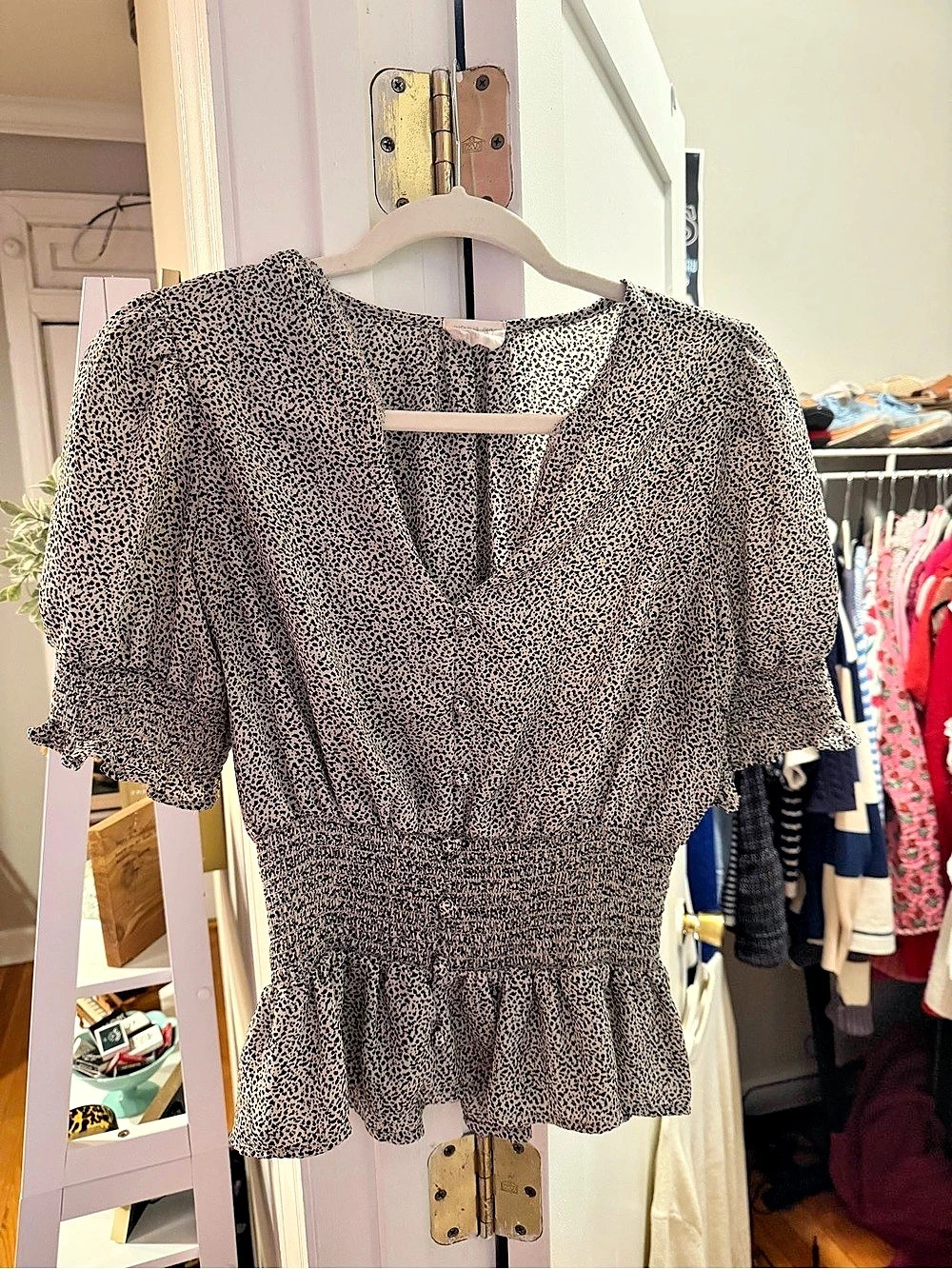 Black and white Print Peplum Blouse in Size Medium